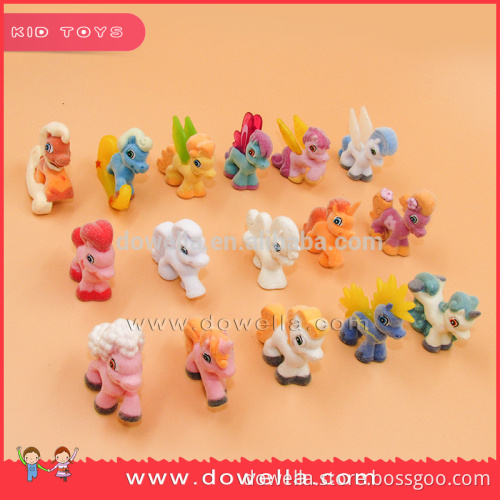 Hot sell PVC cartoon flocked pony, collectible flocked pony for kids